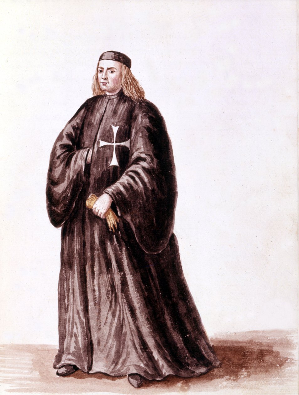 Maltézský rytíř. Kresba akvarelem a tuší z rukopisu „Custom of the Venitians““ od Jana van Grevenbroeka (nebo Giovanniho Grevenbroicha (Grevenbroich) (1731-1807) od Jan van Grevenbroeck