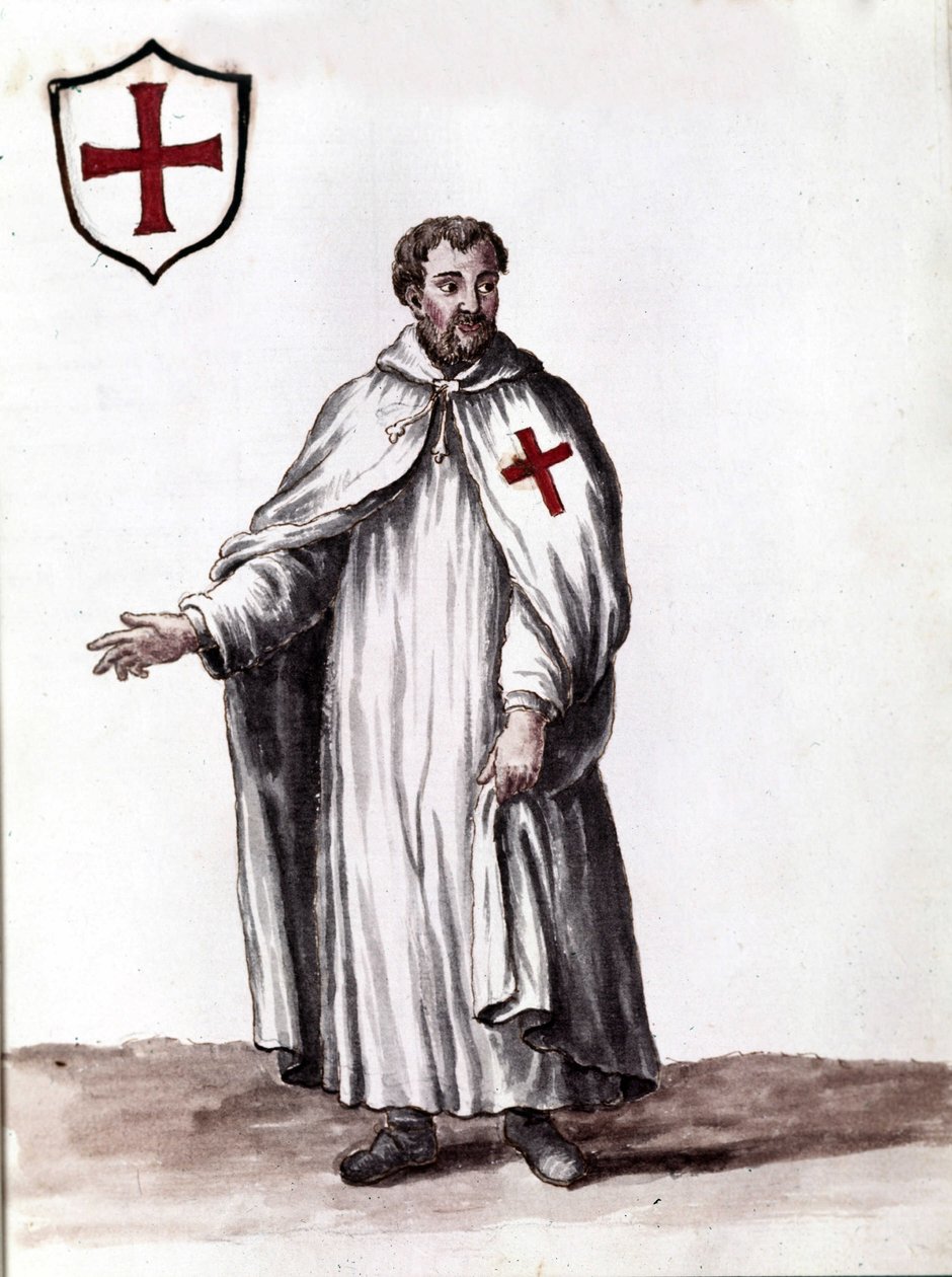 rytíř Řádu templářů. Kresba akvarelem a tuší z rukopisu „Custom of the Venitians““ od Jana van Grevenbroecka (nebo Giovanniho Grevembrocha (Grevenbroch) (1731-1807) od Jan van Grevenbroeck