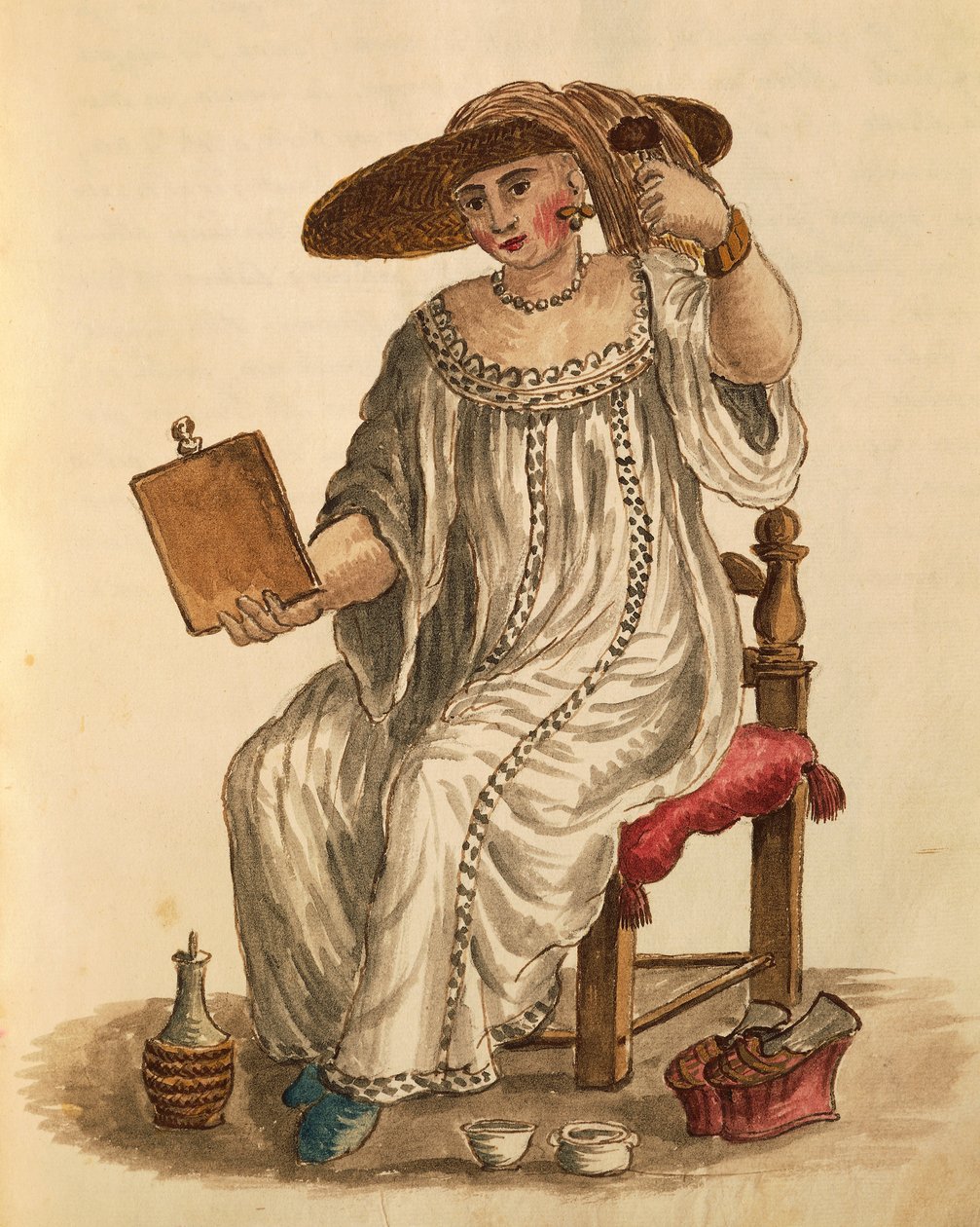 Dáma nalíčená, od Jana van Grevenbroecka nebo Giovanniho Grevembrocha (1731-1807), Gli Abiti de Veneziani, z ilustrované knihy kostýmů, akvarel od Jan van Grevenbroeck