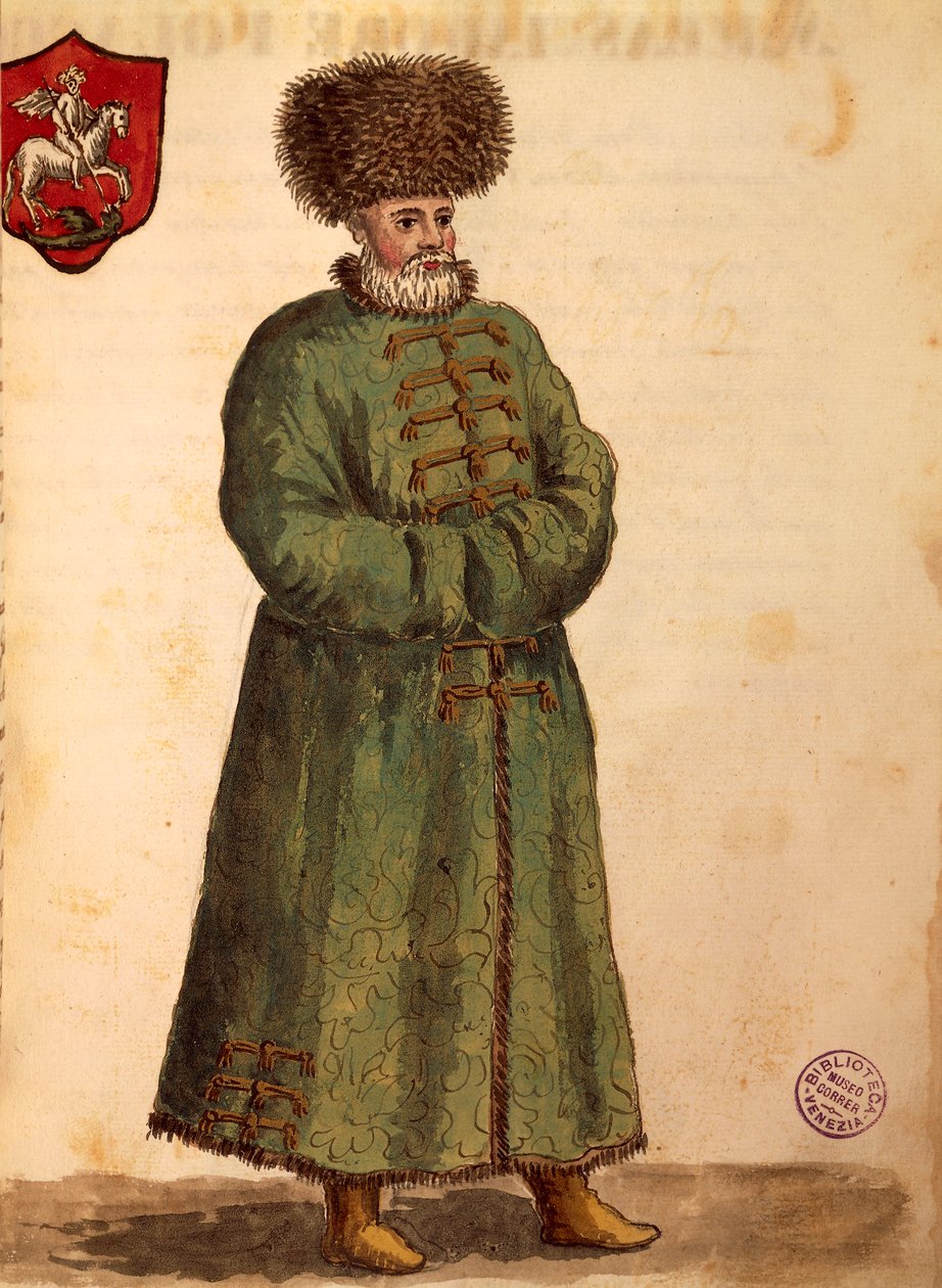 Moskevský velvyslanec, Jan van Grevenbroeck nebo Giovanni Grevembroch (1731-1807), Gli Donne de Veneziani, z ilustrované knihy kostýmů, akvarel od Jan van Grevenbroeck