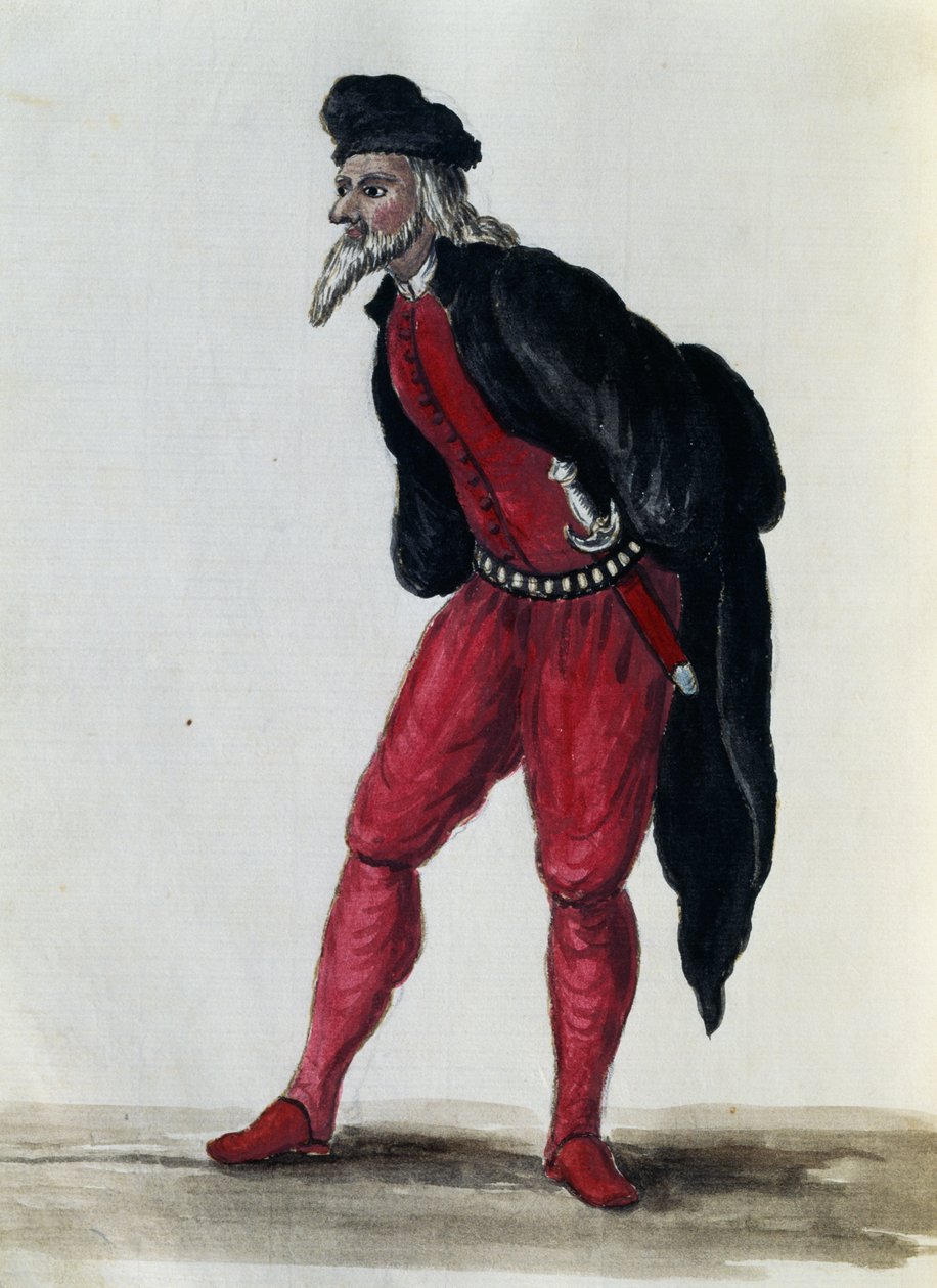 Pantaloon, kupec benátský, ilustrace z Kostýmů Benátčanů téměř každého věku, pilně sbíraná a malovaná v 18. století, Giovanni di Grevembroch (1731-1807) od Jan van Grevenbroeck