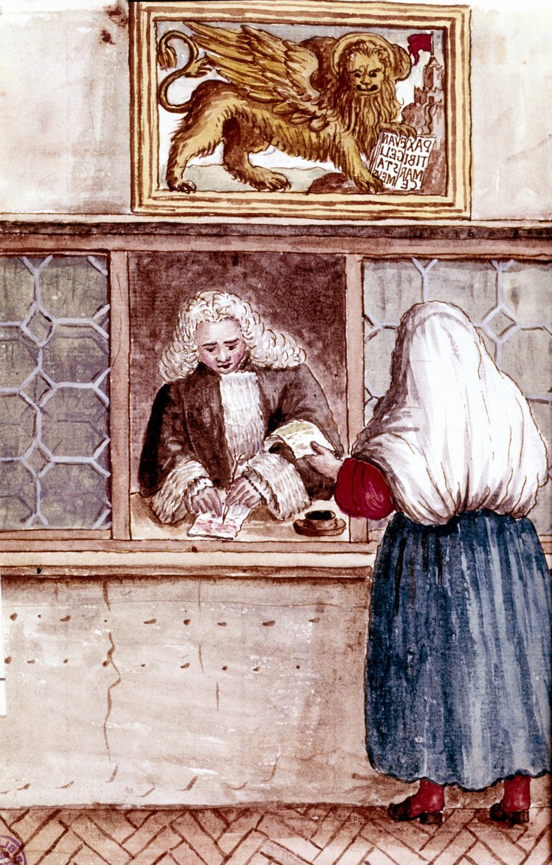 Zastavárna. Hora zbožnosti v Benátkách. Kresba akvarelem a tuší z rukopisu „Custom of the Venitians““ od Jana van Grevenbroecka (nebo Giovanniho Grevembrocha (Grevenbroch) (1731-1807) od Jan van Grevenbroeck