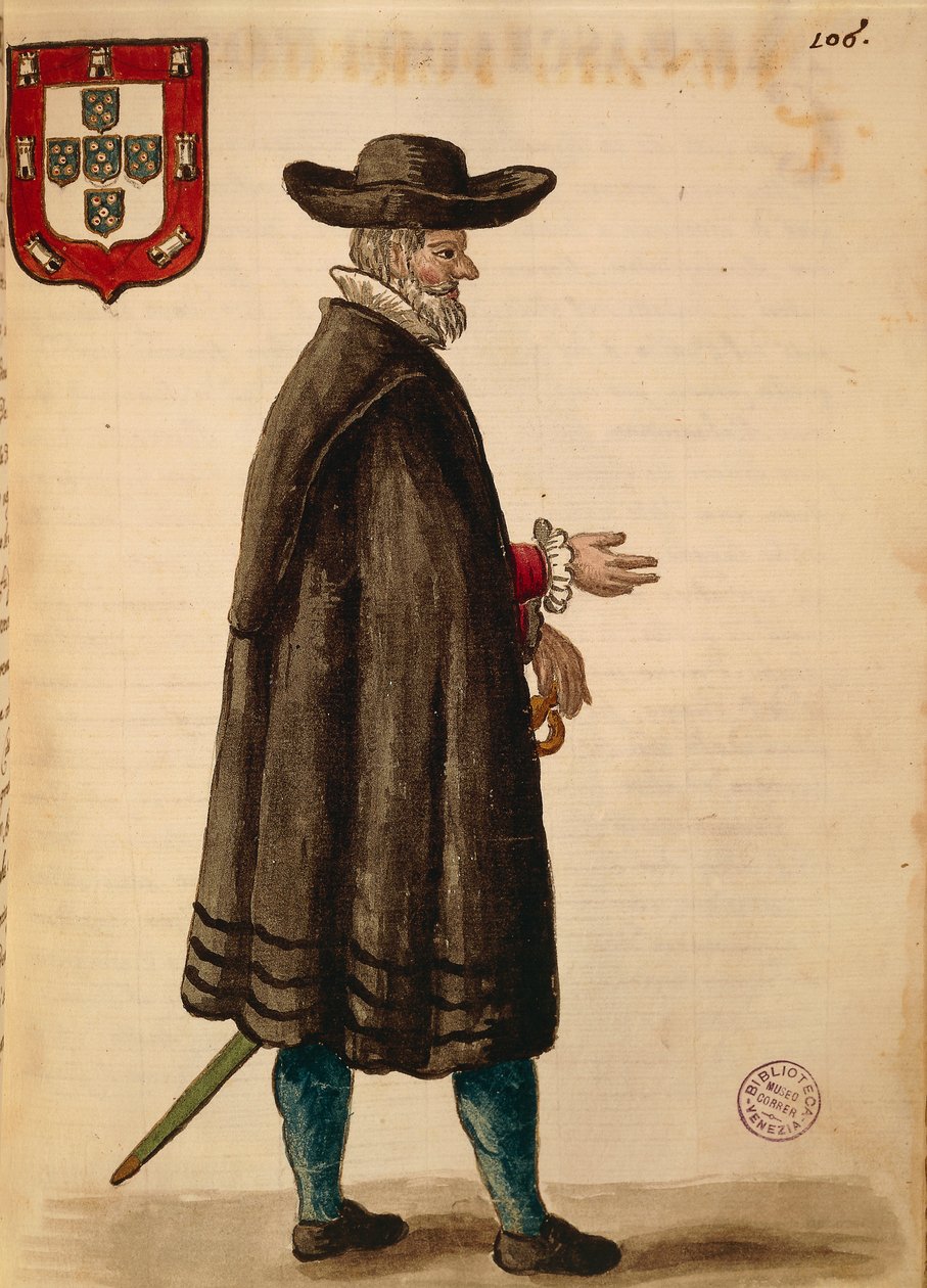 Portugalský velvyslanec, Jan van Grevenbroeck nebo Giovanni Grevembroch (1731-1807), Gli Donne de Veneziani, z ilustrované knihy kostýmů, akvarel od Jan van Grevenbroeck