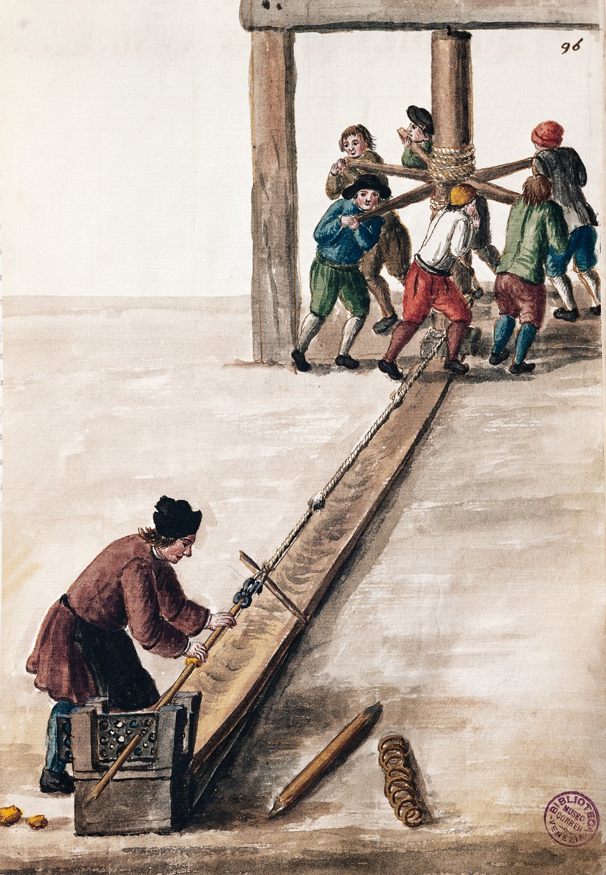 Zpracovatelské pruty pro ilustrace mincovny z Ilustrované knihy benátských krojů, od Jana Grevenbroecka (1731-1807), akvarel, Itálie od Jan van Grevenbroeck