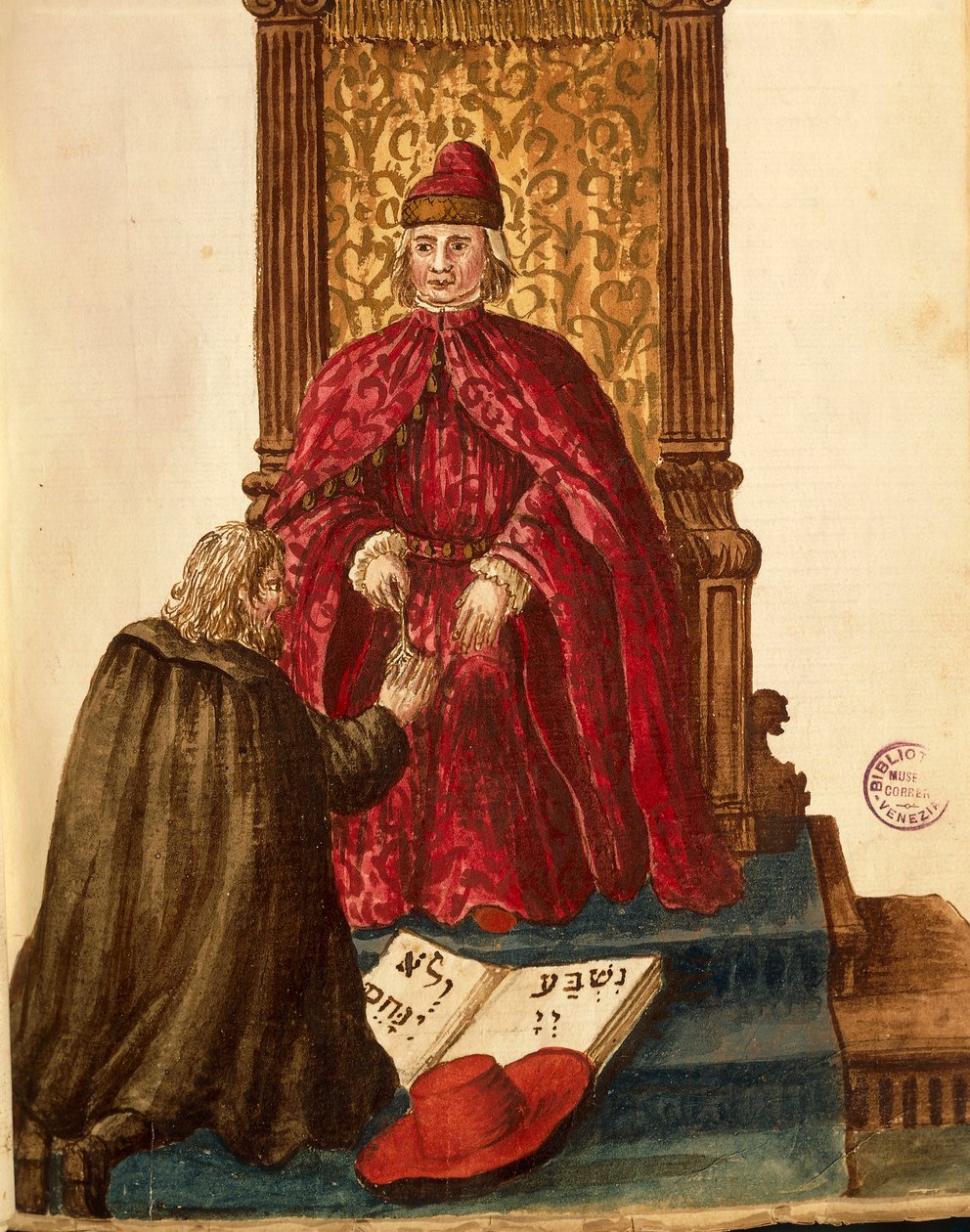 Republikový hodnostář přísahá věrnost benátskému dóžeovi, Jan van Grevenbroeck nebo Giovanni Grevembroch (1731-1807), Gli Abiti de Veneziani, z ilustrované knihy kostýmů, akvarel od Jan van Grevenbroeck