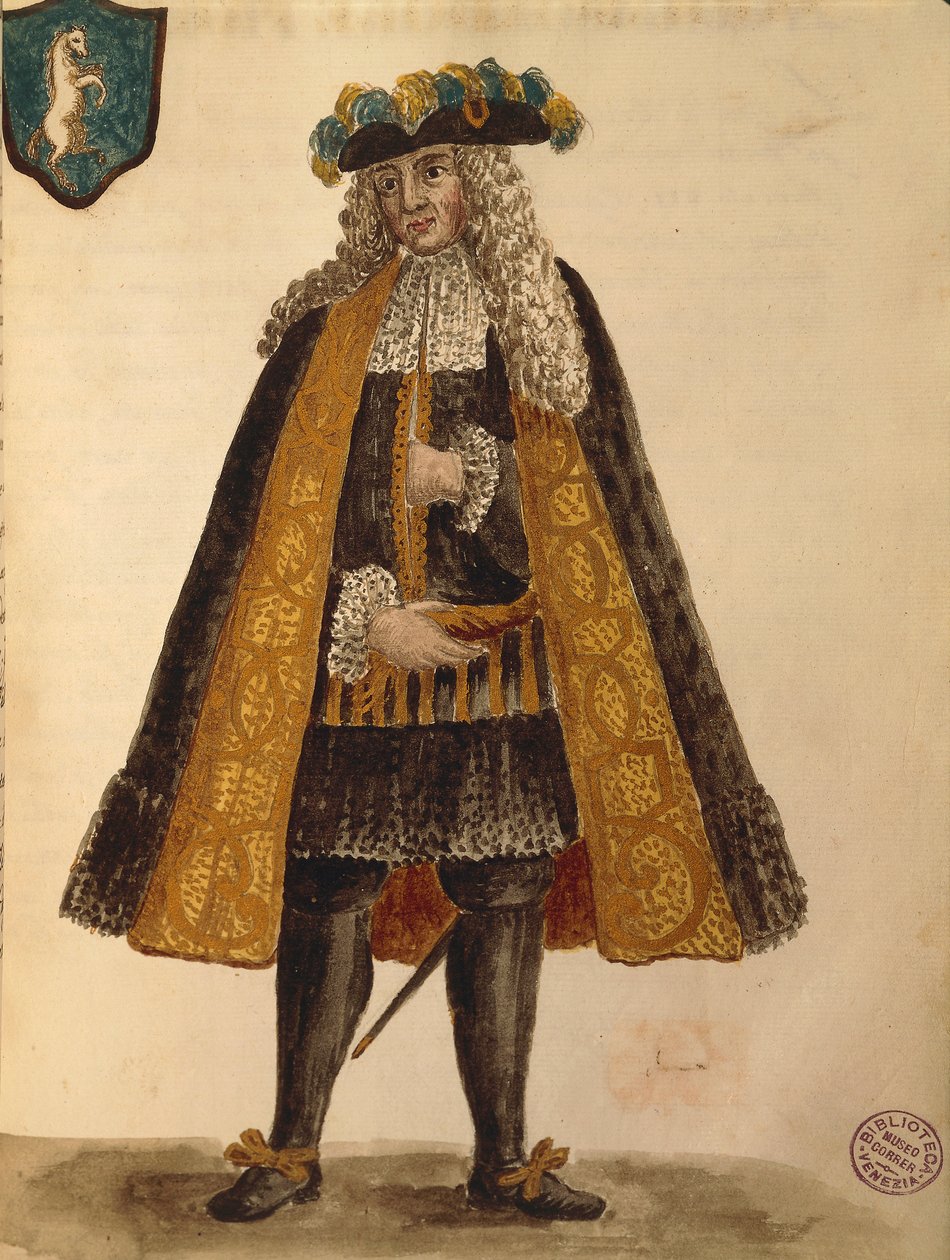 Sardinský velvyslanec, Jan van Grevenbroeck nebo Giovanni Grevembroch (1731-1807), Gli Abiti de Veneziani, z ilustrované knihy kostýmů, akvarel od Jan van Grevenbroeck