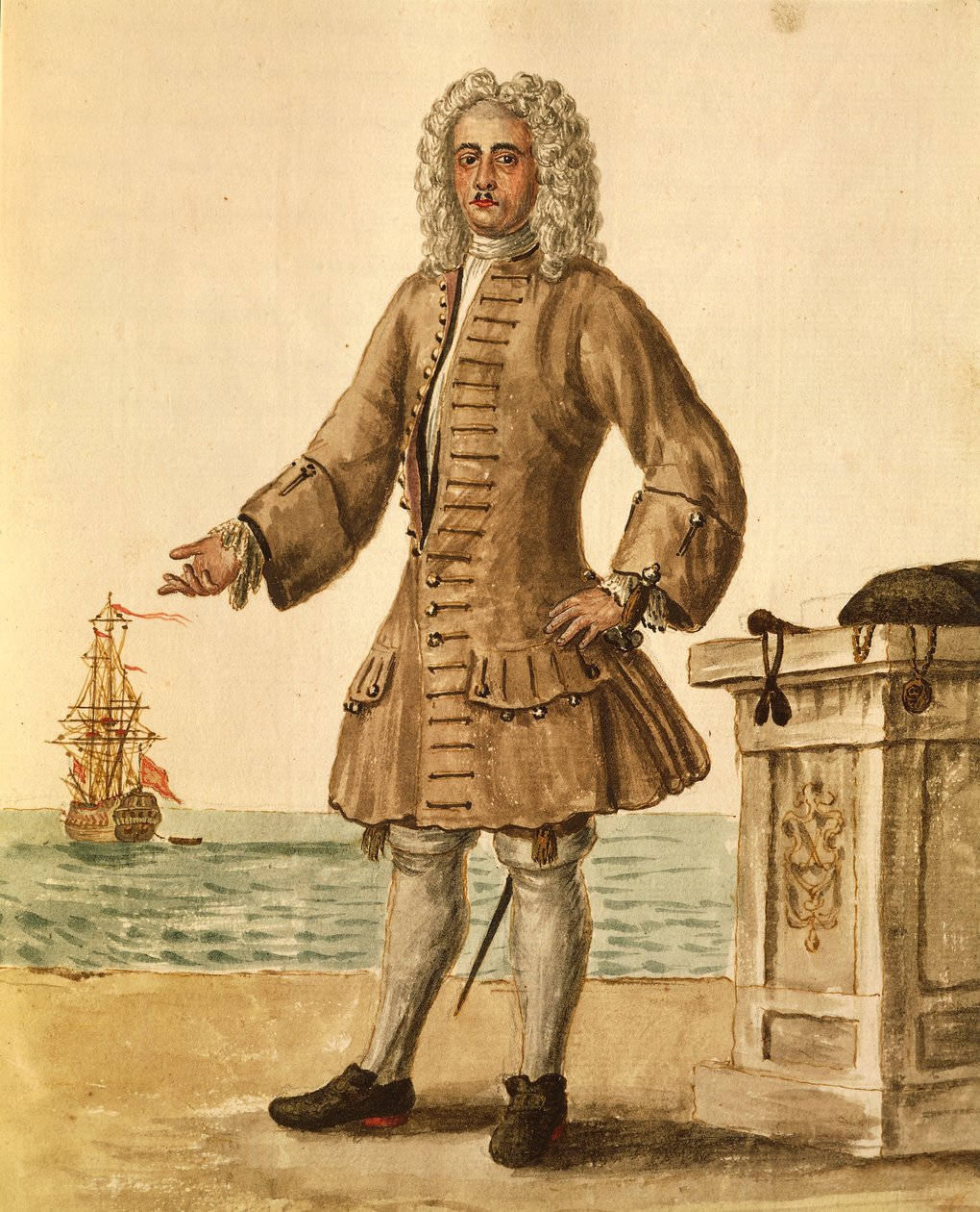 Kapitán lodi Benátské republiky, Jan van Grevenbroeck nebo Giovanni Grevembroch (1731-1807), Gli Abiti de Veneziani, z ilustrované knihy kostýmů, akvarel od Jan van Grevenbroeck