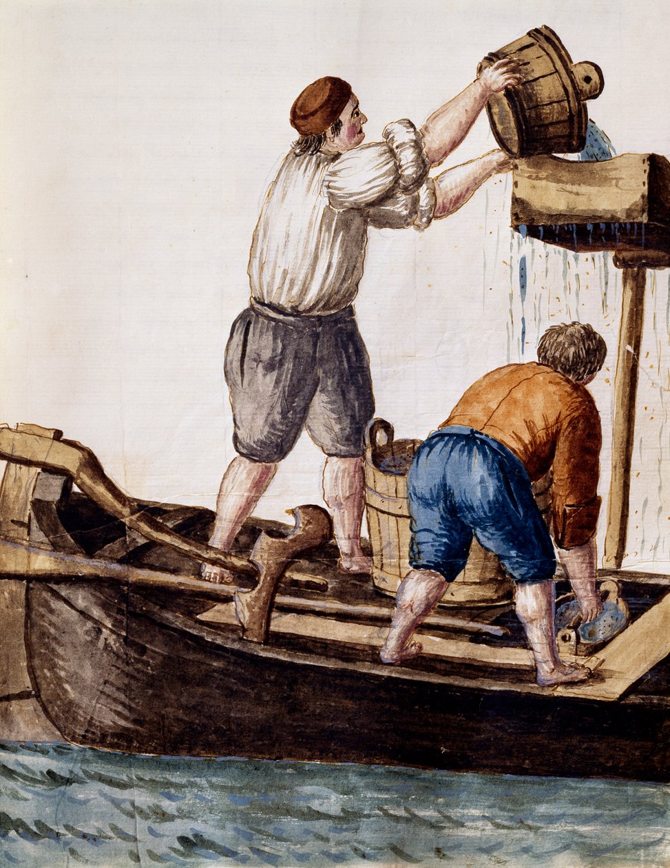Prosévání vod kanálu při hledání ztracených předmětů, ilustrace z Ilustrované knihy benátských krojů, od Jana Grevenbroeka (1731-1807), akvarel, Itálie od Jan van Grevenbroeck