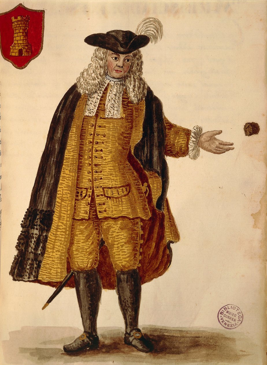 Španělský velvyslanec, Jan van Grevenbroeck nebo Giovanni Grevembroch (1731-1807), Gli Abiti de Veneziani, z ilustrované knihy kostýmů, akvarel od Jan van Grevenbroeck