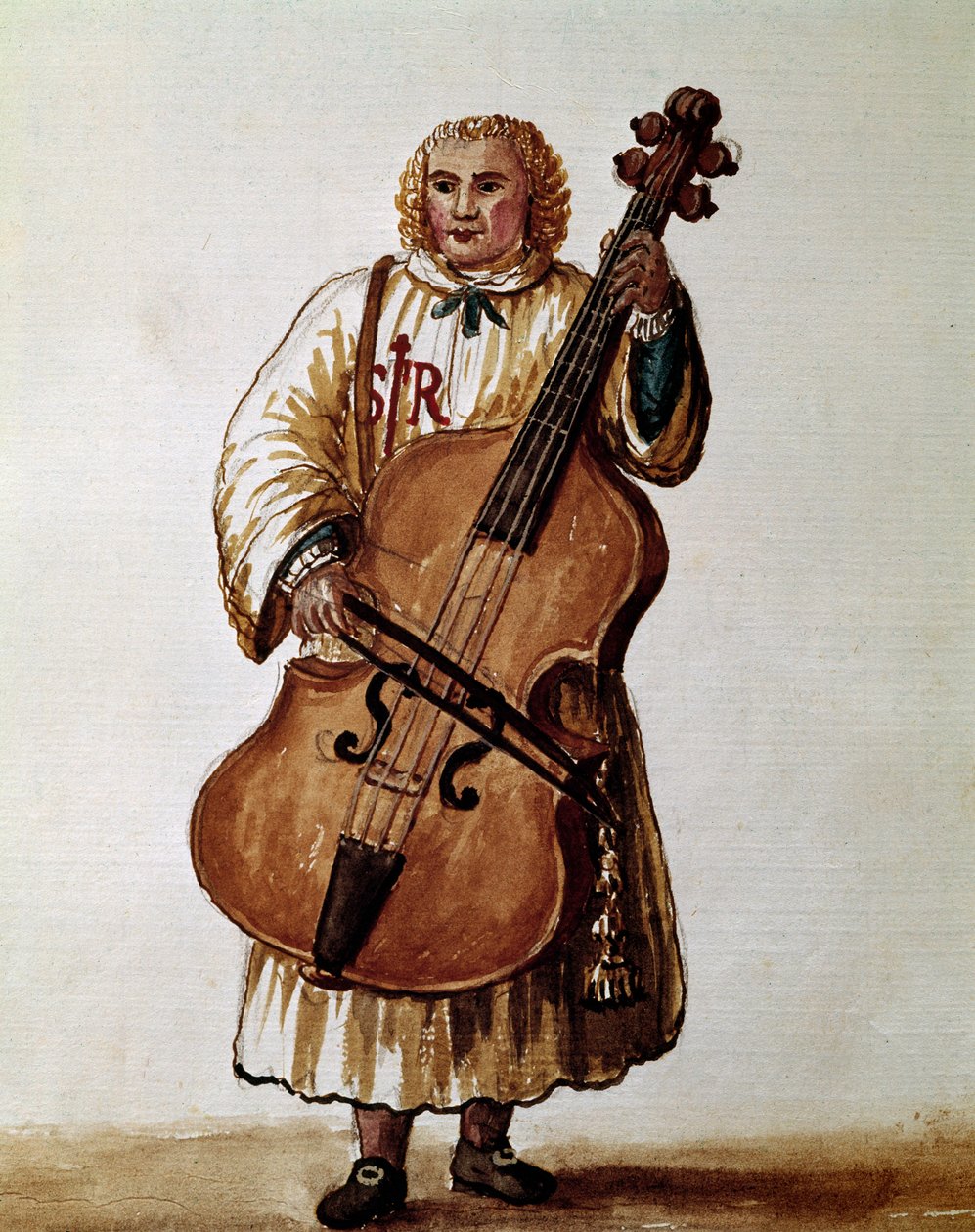 Pouliční hudebník (Wandering music) Kresba akvarelem a tuší z rukopisu „Customs of the Venitians““ od Jana van Grevenbroecka (nebo Giovanniho Grevembrocha (Grevenbroch) (1731-1807) od Jan van Grevenbroeck