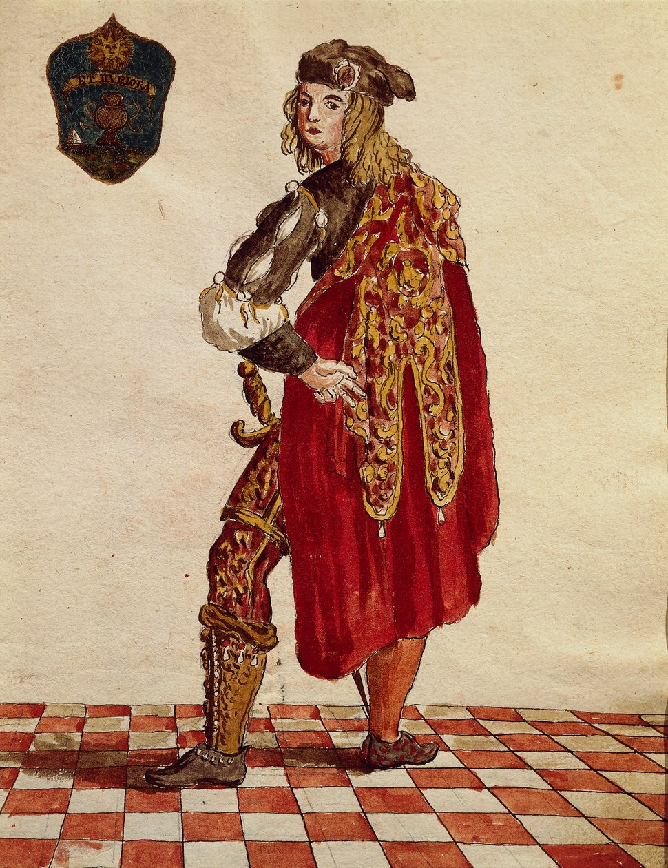 Oblek rytíře Bratrstva de la Calza (Punčocha) v roce 1564, Jan van Grevenbroeck nebo Giovanni Grevembroch (1731-1807), Gli Abiti de Veneziani, z ilustrované knihy kostýmů, akvarel od Jan van Grevenbroeck