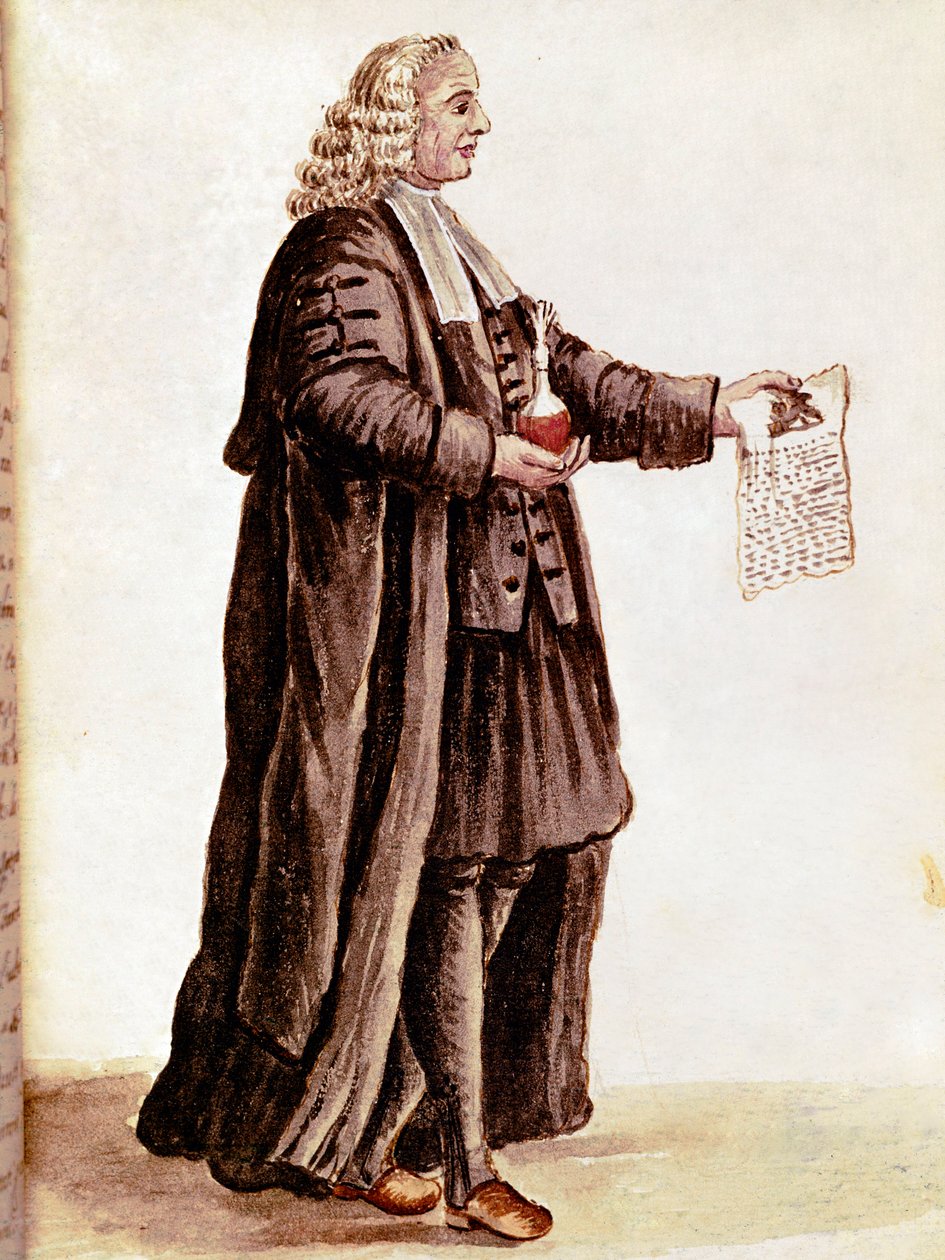 Lékárník držící v rukou malou lahvičku a předpis Kresba akvarelem a inkoustem z rukopisu Jana van Grevenbroeka (nebo Giovanniho Grevenbroicha (Grevenbroich) (1731-1807) od Jan van Grevenbroeck