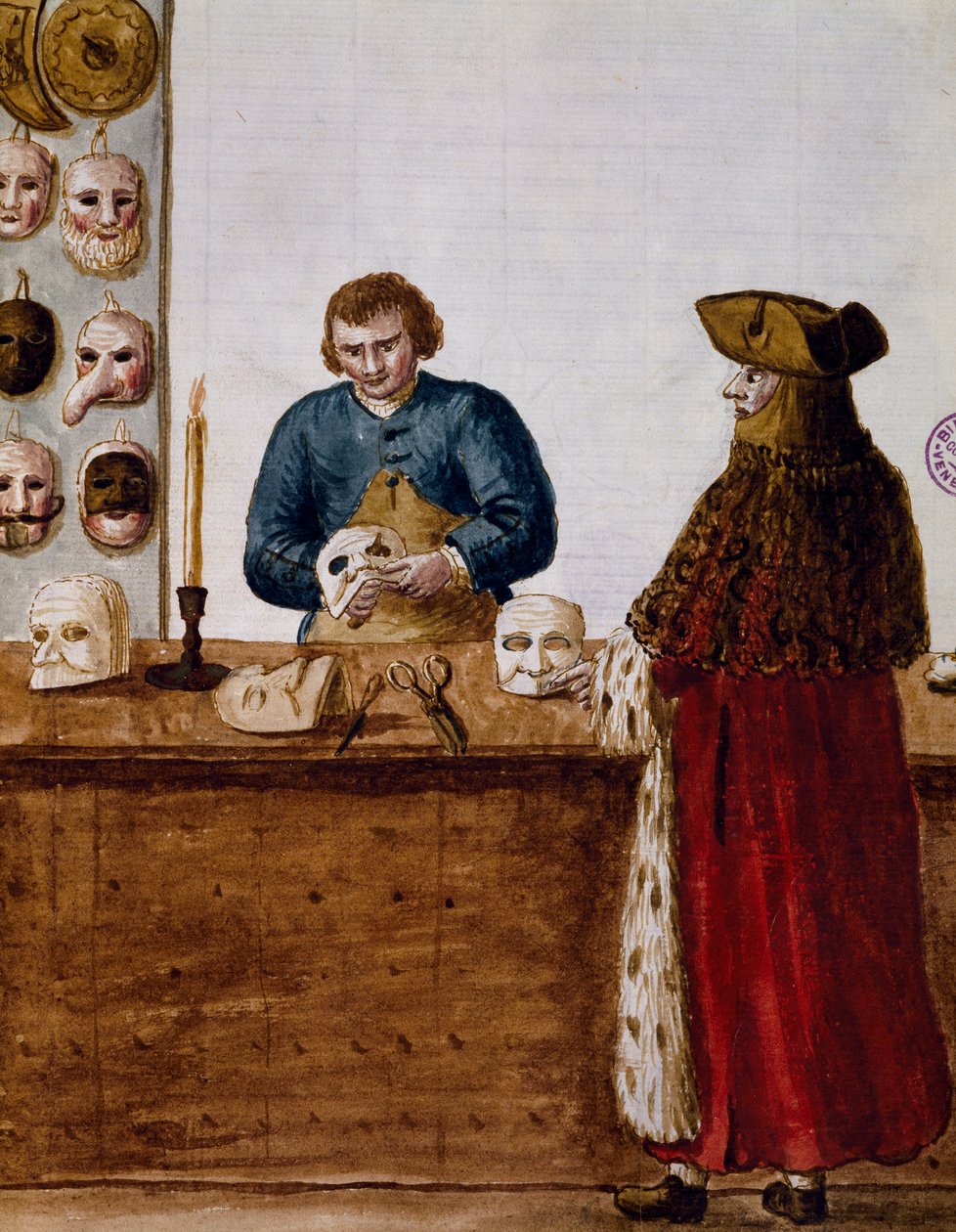 Obchod s maskami, ilustrace z Ilustrované knihy benátských kostýmů, Itálie od Jan van Grevenbroeck