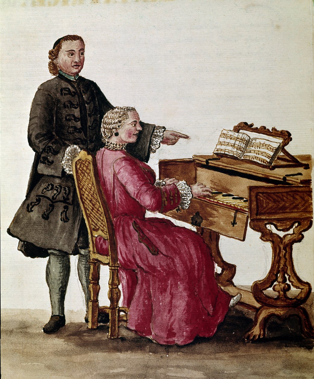 Zpěvák (Operní pěvec hrající na klavír) Kresba akvarelem a tuší je převzata od Jana van Grevenbroeka (nebo Giovanniho Grevenbroicha (Grevenbroich) (1731-1807) od Jan van Grevenbroeck