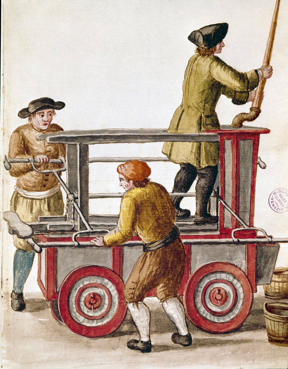 Použití vodní pumpy nebo hydraulické pumpy Kresba akvarelem a tuší z rukopisu Jana van Grevenbroecka (nebo Giovanniho Grevembrocha (Grevenbroch) (1731-1807) od Jan van Grevenbroeck
