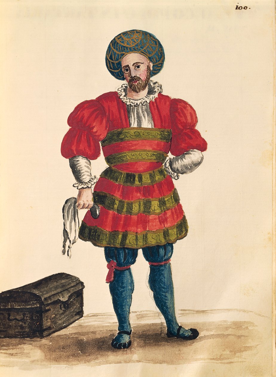 Benátské oblečení: Benátský cestovatel, Jan van Grevenbroeck nebo Giovanni Grevembroch (1731-1807), Gli Abiti de Veneziani, z ilustrované knihy kostýmů, akvarel od Jan van Grevenbroeck