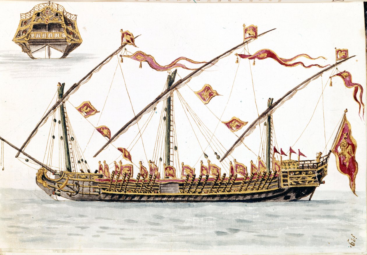 galesus benátský. Kresba akvarelem a tuší z rukopisu „Custom of the Venitians““ od Jana van Grevenbroecka (nebo Giovanniho Grevembrocha (Grevenbroch) (1731-1807) od Jan van Grevenbroeck