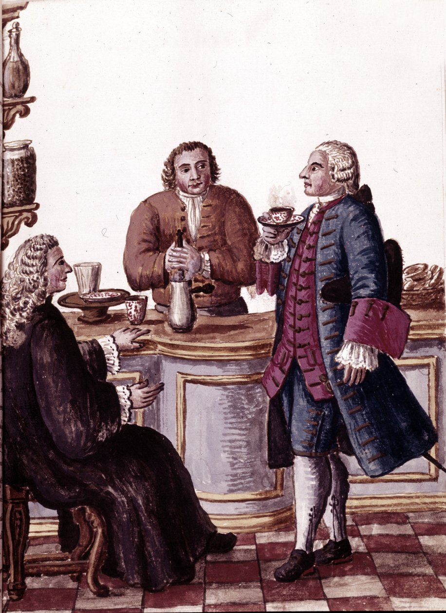 Benátští šlechtici u kávy, jeden z nich si pochutnává na čokoládě. Kresba akvarelem a tuší z rukopisu „Customs of the Venitians““ od Jana van Grevenbroecka (nebo Giovanniho Grevembrocha (Grevenbroch) od Jan van Grevenbroeck