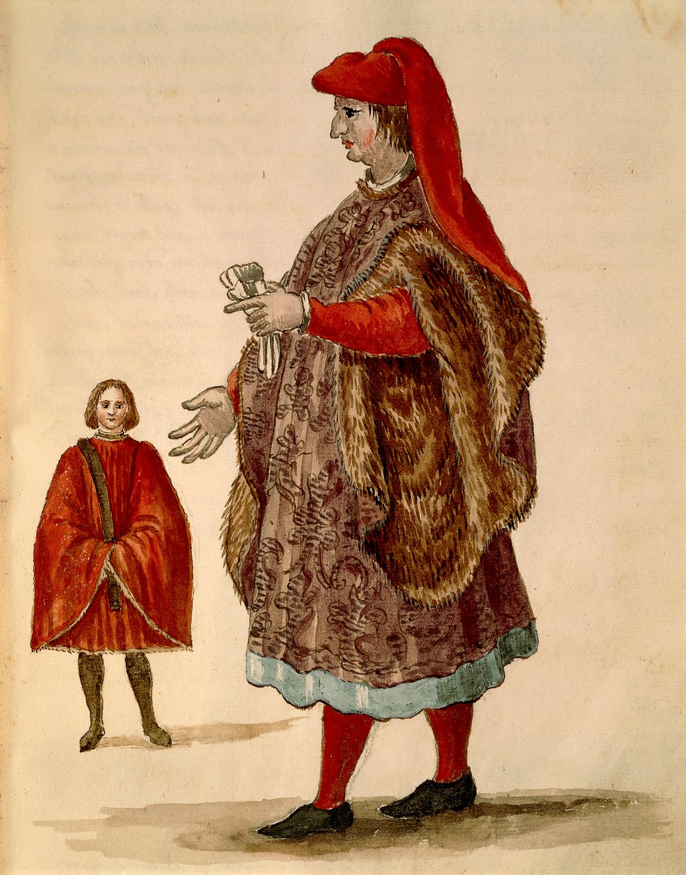 Benátský senátor na sobě "Dogalina", formální róba se širokými rukávy, od Jana van Grevenbroecka nebo Giovanniho Grevembrocha (1731-1807), Gli Abiti de Veneziani, z ilustrované knihy kostýmů, akvarel od Jan van Grevenbroeck