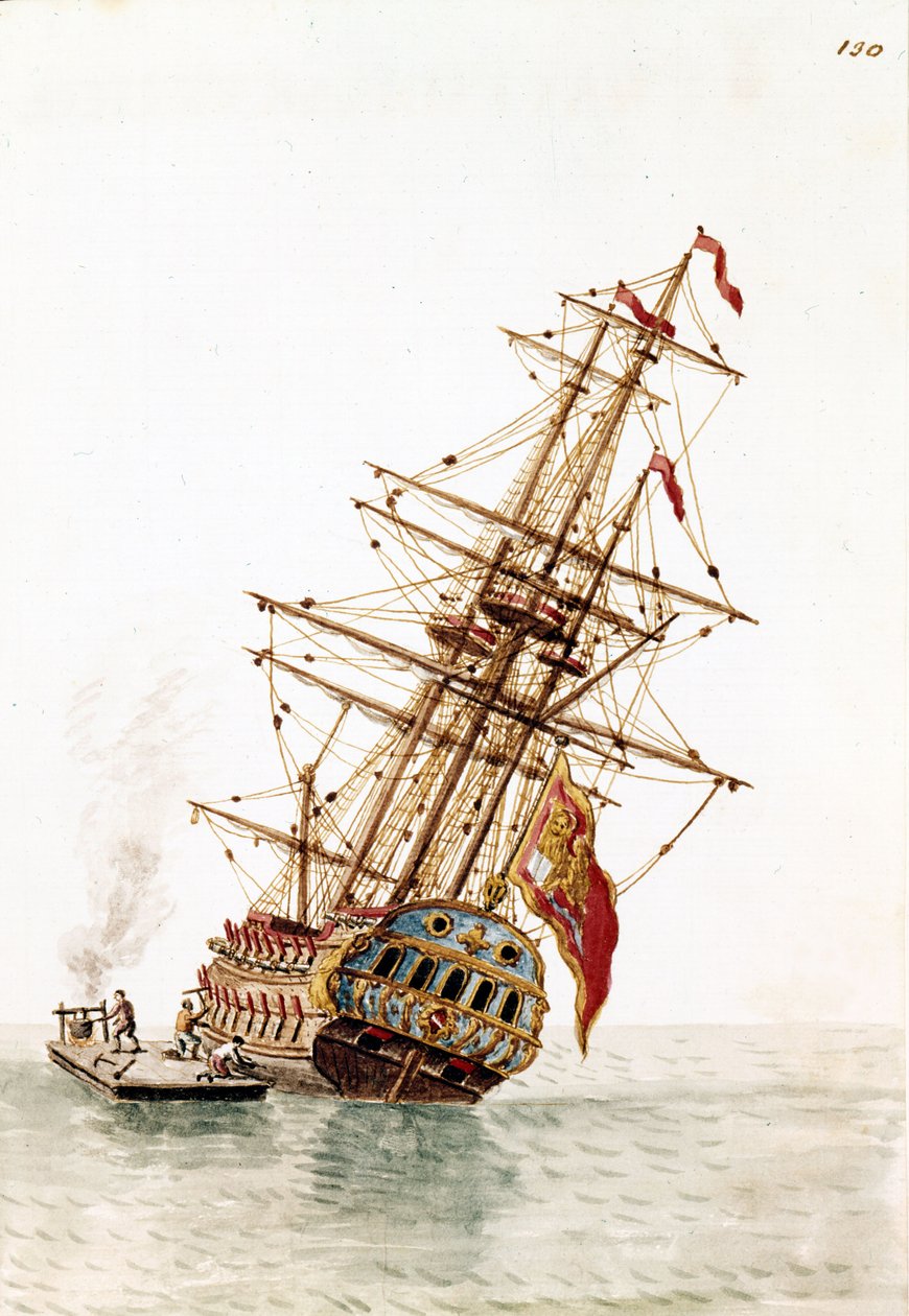 Benátská loď sestřelila v trupu k opravě. Kresba akvarelem a tuší z rukopisu „Custom of the Venitians““ od Jana van Grevenbroecka (nebo Giovanniho Grevembrocha (Grevenbroch) (1731-1807) od Jan van Grevenbroeck
