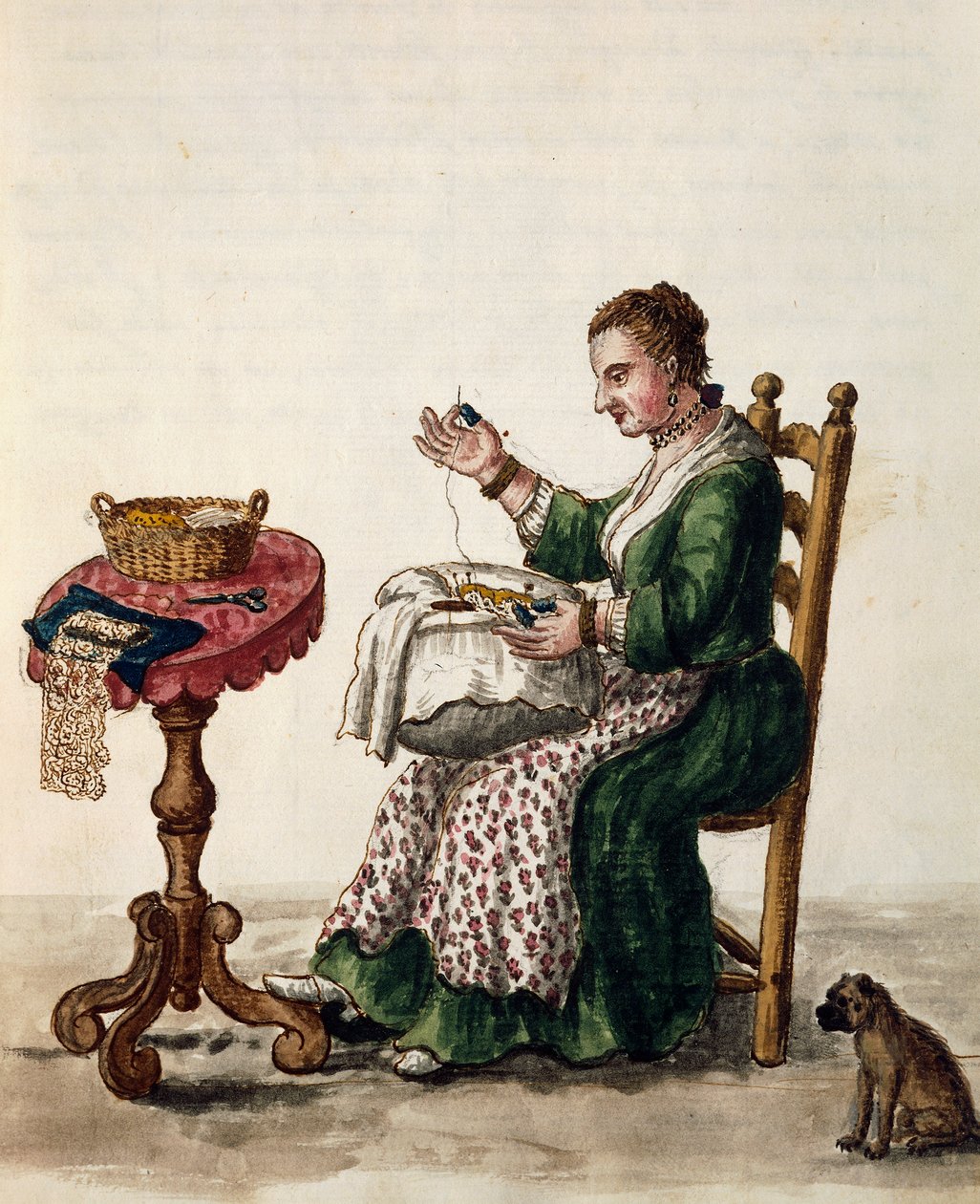 Žena vyrábějící punto v árii jehlové krajce, cca 1754, ilustrace z Ilustrované knihy benátských krojů, svazek III, c 147, Jan Grevenbroek (1731-1807), akvarel, Itálie od Jan van Grevenbroeck
