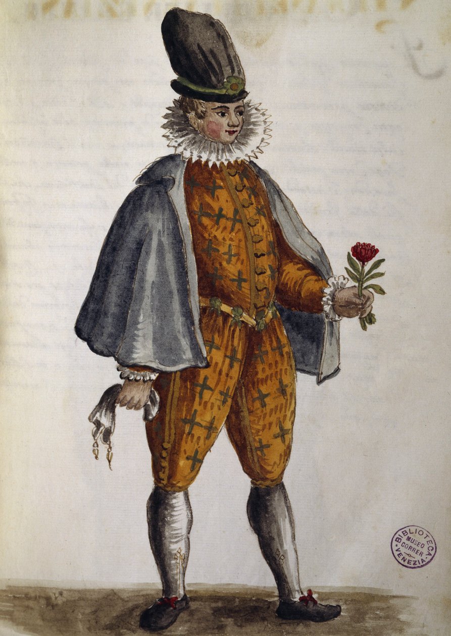 Mladý Benátčan, akvarel z benátských oděvů, téměř každého věku, pilně sbíraný a malovaný v 18. století Jan van Grevenbroek nebo Giovanni Grevenbroich (1731-1807), Itálie od Jan van Grevenbroeck