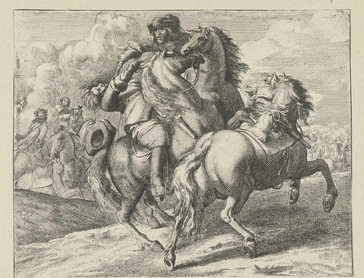 Voják střílel na koni Cavalry Scenes (název série) od Jan van Huchtenburg (possibly copy after)