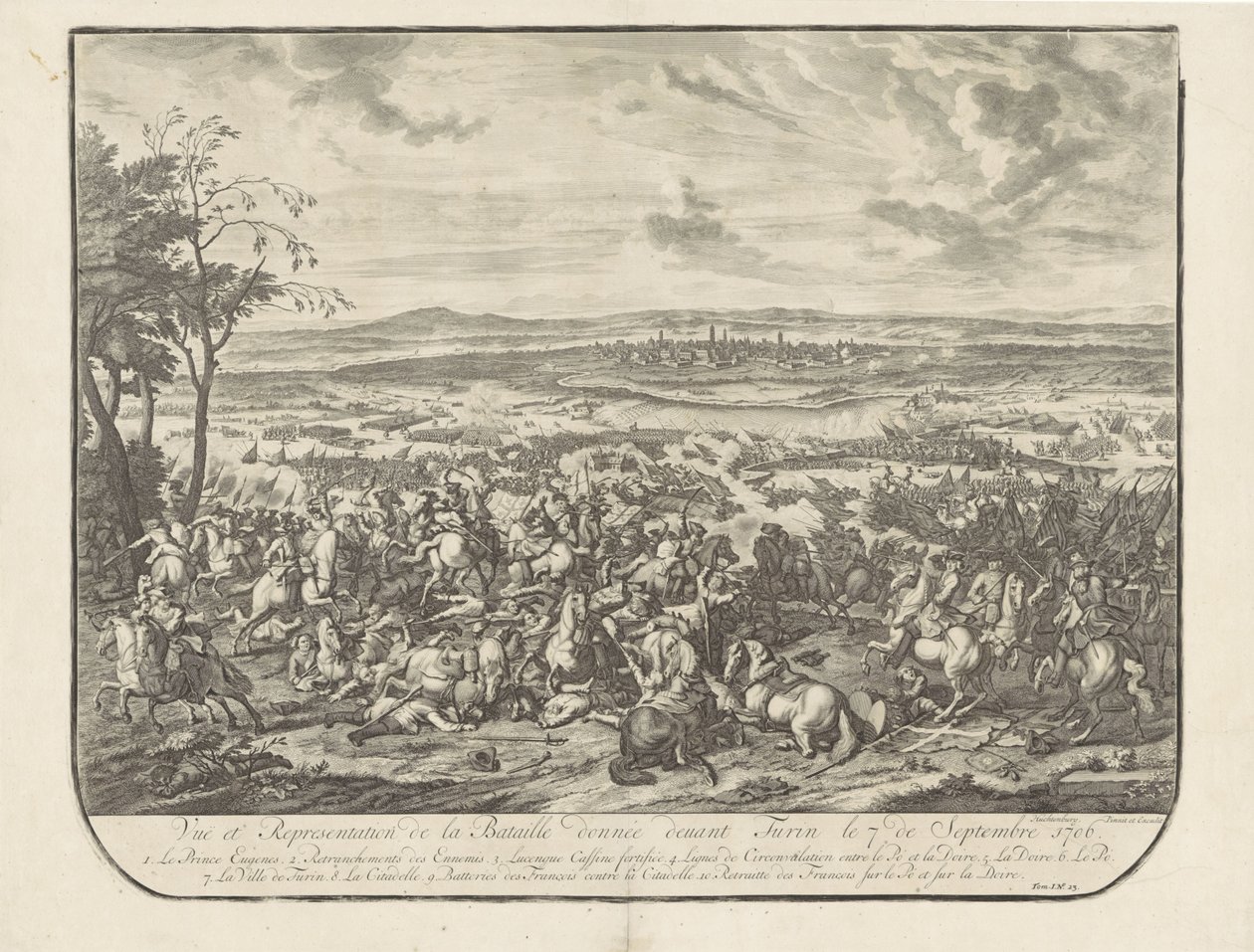 Ontzet van Turijn, 1706 Pohled a znázornění bitvy před Turínem 7. září 1706 (název na předmětu) od Jan van Huchtenburg