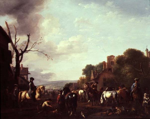 Jezdci a pocestní zastavili ve vesnici od Jan van Huchtenburgh
