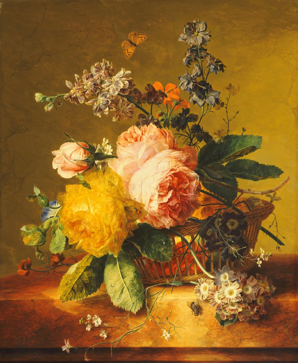 Růže a jiné květiny v košíku na mramorové římse, c.1742 od Jan van Huysum