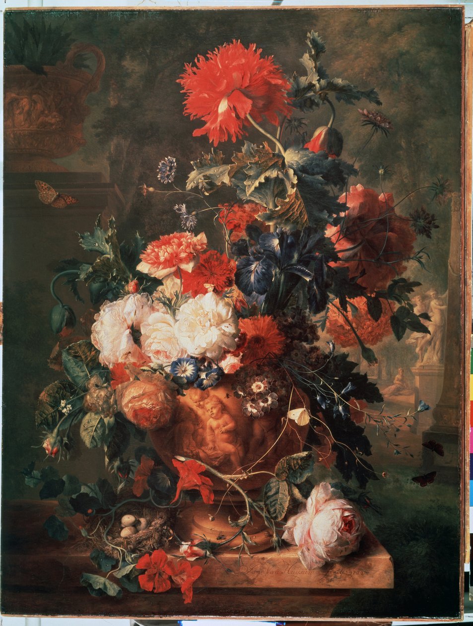 ""Kytice květin"" (Květiny) Zastoupeno je také hnízdo s vejci a hmyzem (včetně motýla, mouchy, mravence a berušky) Obraz Jana van Huysumse (1682-1749) 1722 Ermitážní muzeum Petrohrad od Jan van Huysums