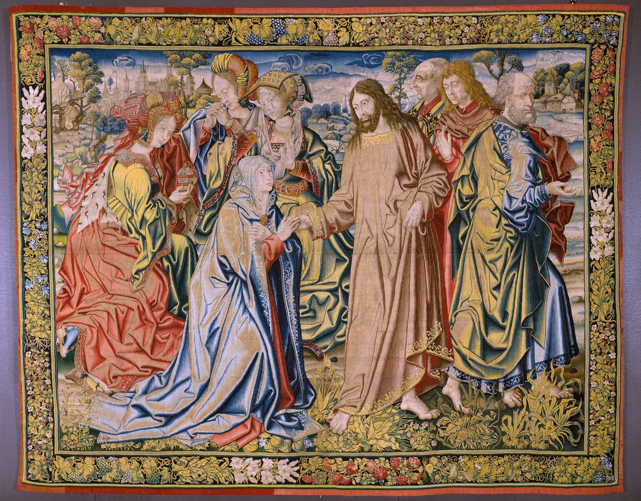 Vlámský gobelín. Série Nebe Karla V. Kristus se loučí se svou matkou (Despedida de Cristo/Kristus se loučí s matkou). Karikaturista Jan van Coninxloo. Výroba Julien Portois, Mechelen (Malines). asi 1521. od Jan van II Coninxloo