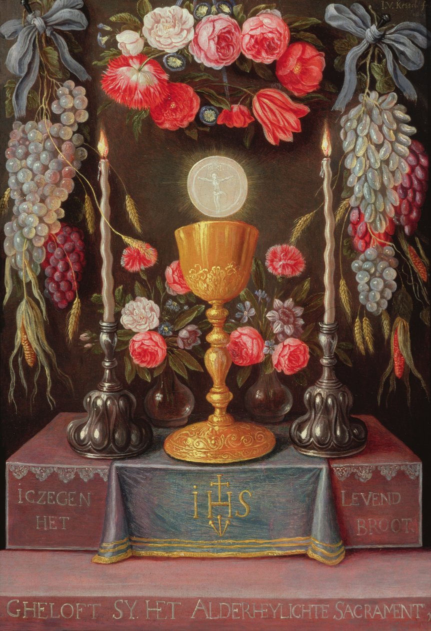 Kalich s eucharistií v kartuši zdobené květinami a ovocem, kolem 1664 od Jan van Kessel the Elder