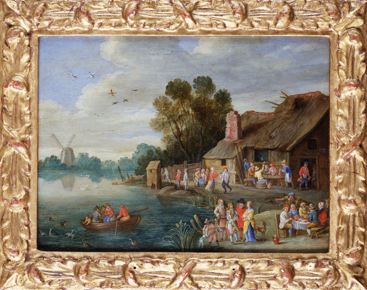 Říční krajina s Gentry ve vesnickém hostinci od Jan van Kessel