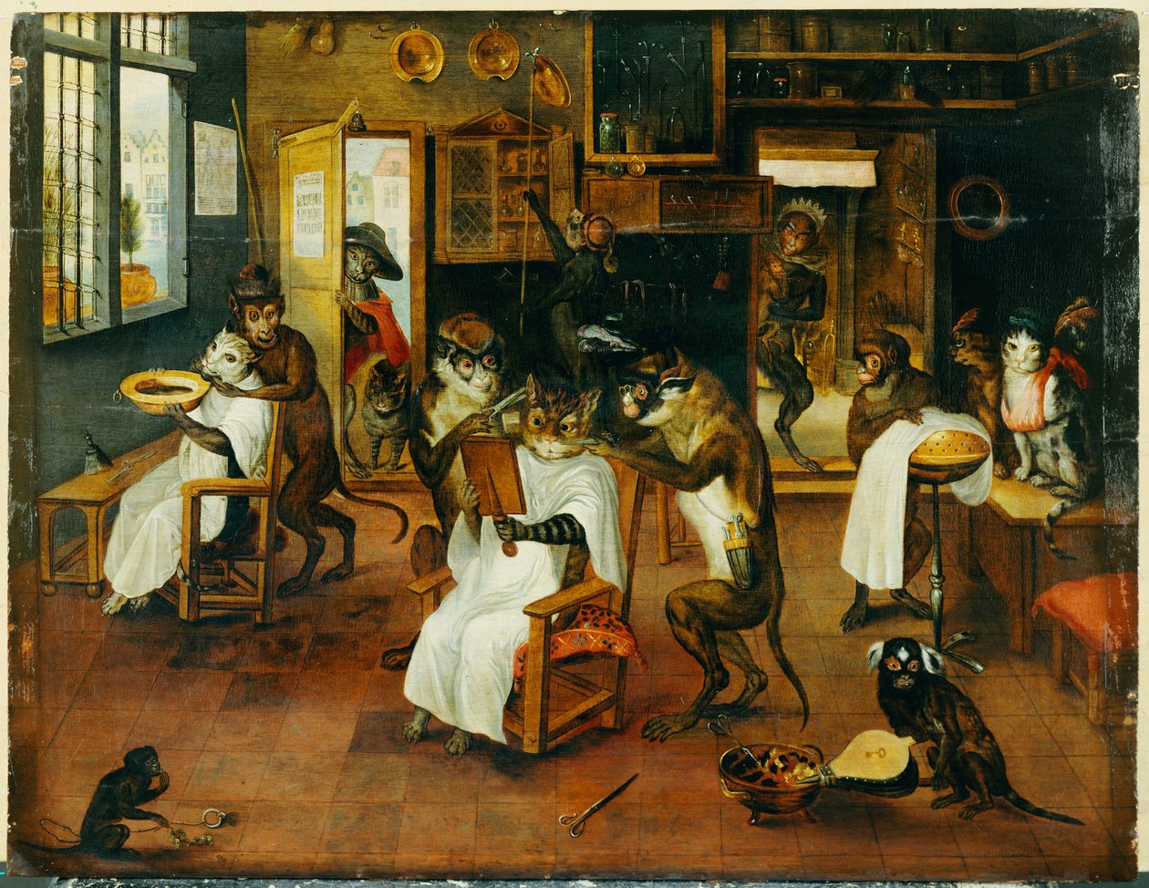 A Singerie: Monkey Barbers obsluhující kočky od Jan van Kessel