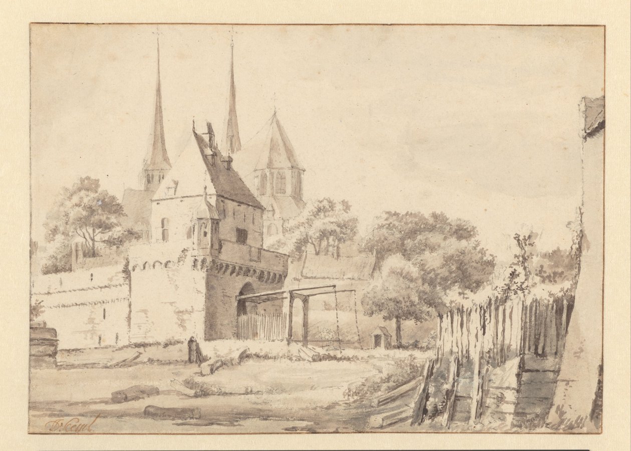 Pohled na Bergpoort a Bergkerk v Deventeru od Jan van Kessel