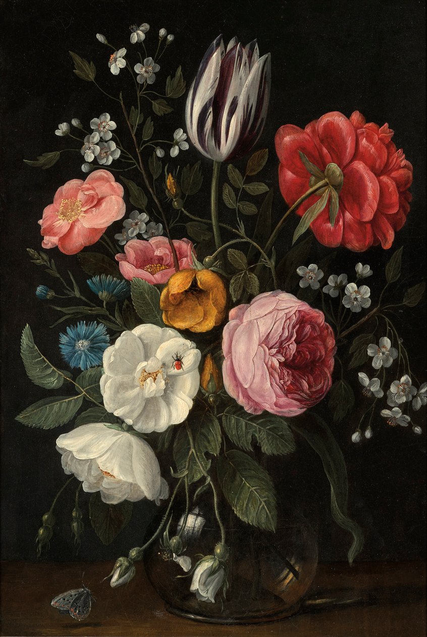 Růže, tulipán, pivoňka, třešeň a centaurium ve skleněné váze na římse. od Jan van Kessel the Elder