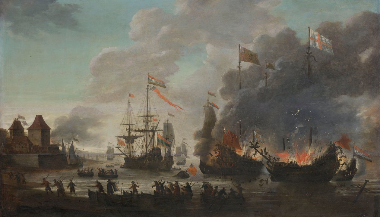 Holandské hořící anglické lodě během holandského nájezdu na Medway, 20. června 1667 od Jan van Leyden