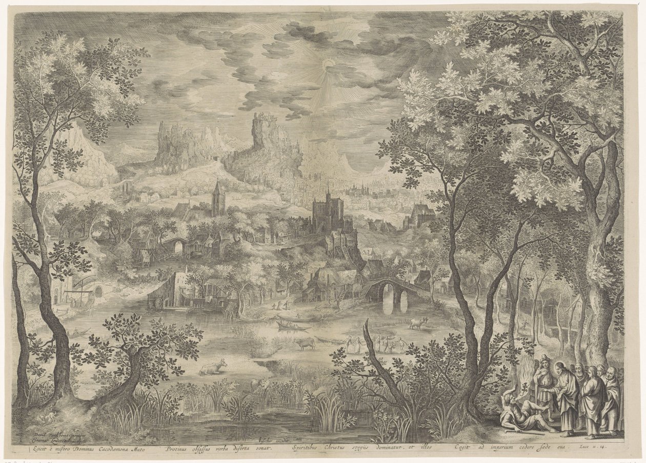 Landschap met Christus die een démon uitdrijft bij een stomme man Vyhání ubohého lorda Cacodaemona, posedlý mýtem, pronáší duchům výmluvná slova. Královský od Jan van Londerseel