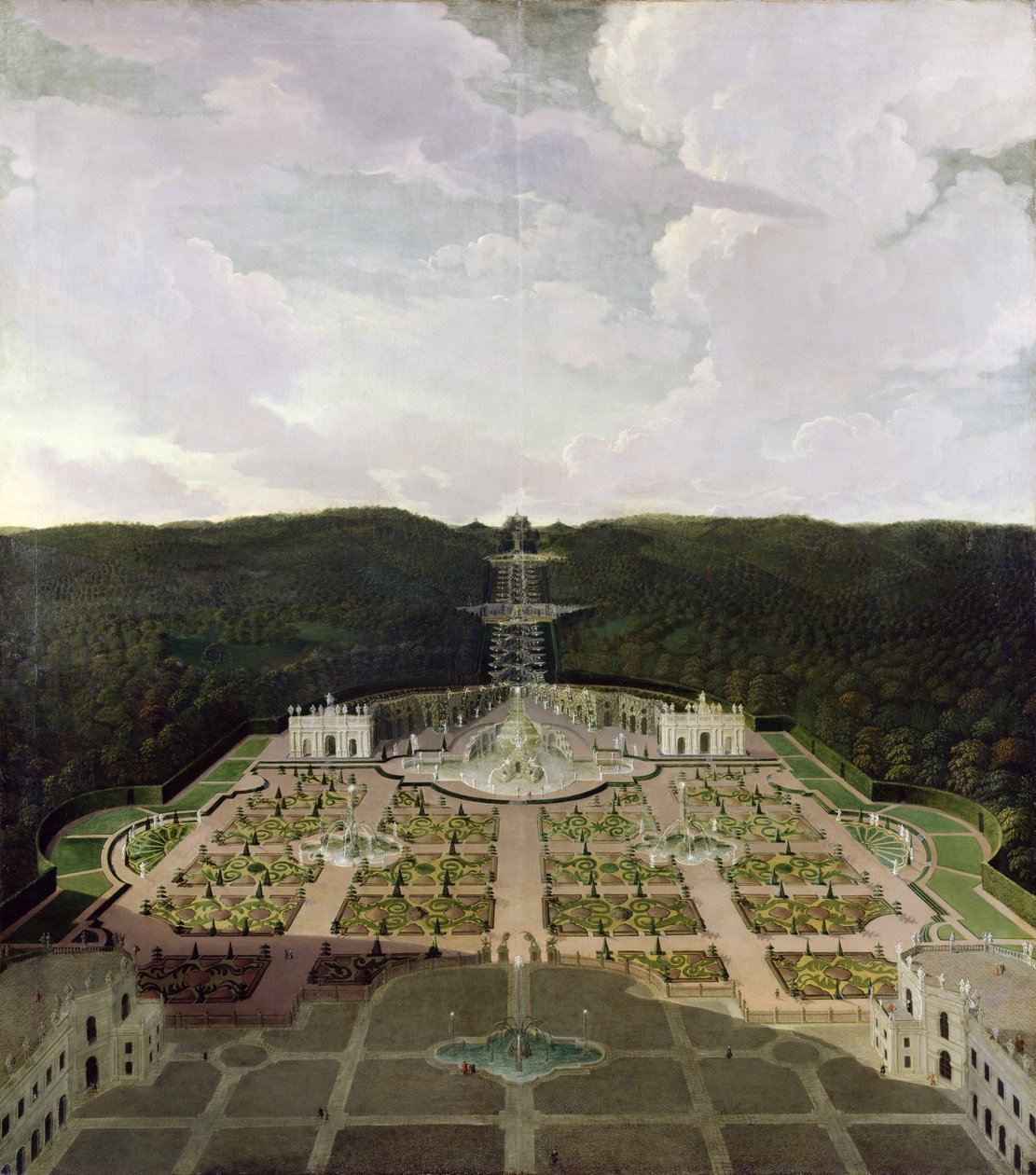 Pohled ze zahrady a jeskyně na úpatí vodopádů do oktagonu, po roce 1716 od Jan van Nickelen