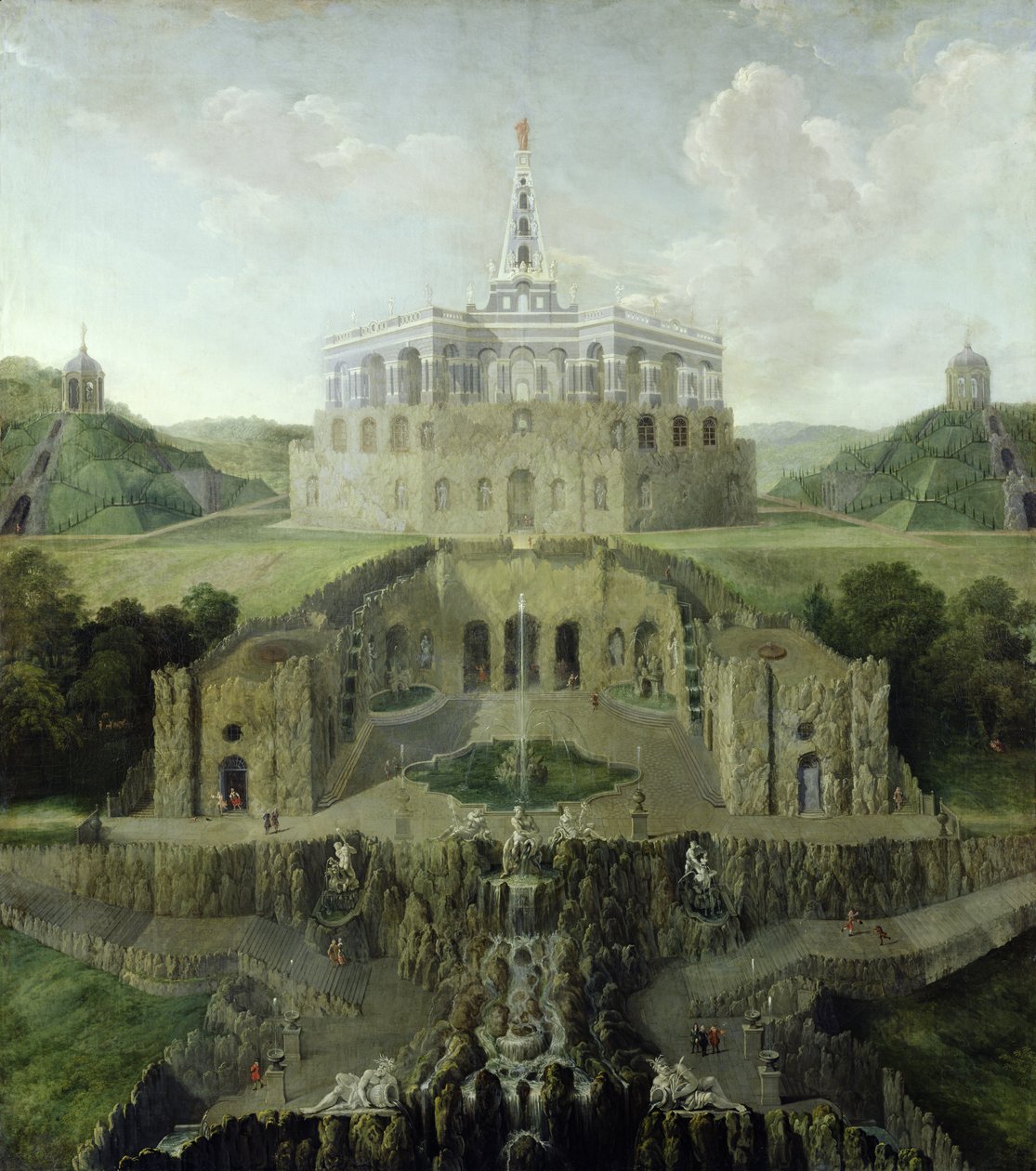 Pohled z vodopádů Riesenkopf přes jeskyni Distorted Water-Grotto do Octagonu, po roce 1716 od Jan van Nickelen