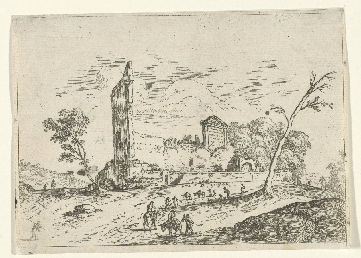 Krajina s římskými ruinami a pastevci oslů od Jan van Ossenbeeck (attributed to)