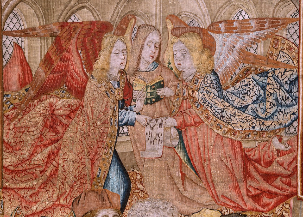 Vlámský gobelín. Seriál Epizody ze života Panny Marie; Prezentace v chrámu (Presentación en el Templo). Druhá tapisérie v sérii. Modely připisované Janu van Roomeovi (nebo van Brusselovi). Výroba Pieter van Aelst, Brusel. Přibližně 1502-1504. od Jan van Roome