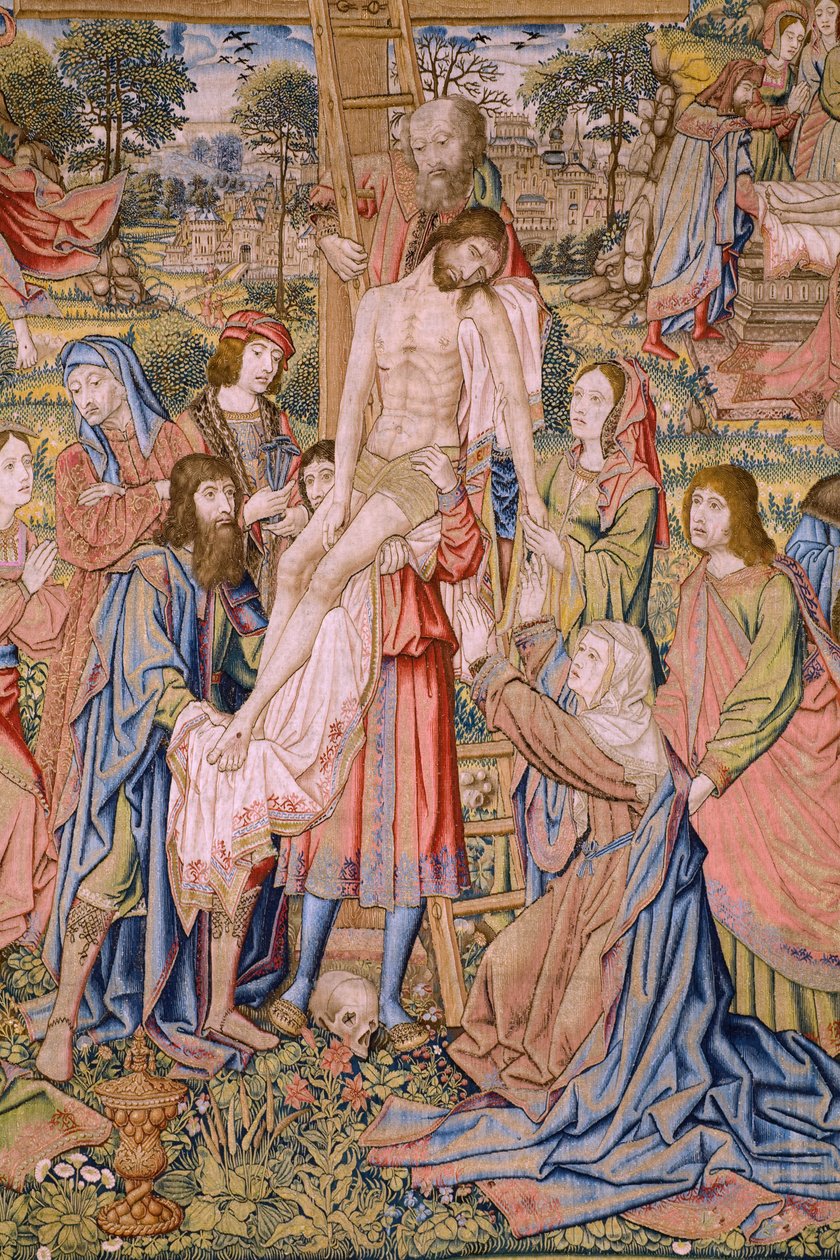Vlámský gobelín. Řada Umučení Krista: Sestup z kříže (Kruisafneming, Descendimiento de la cruz). Výrobce Pieter van Aelst. Karikaturista Jan van Roome. Přibližně 1507-1520. Detail. od Jan van Roome