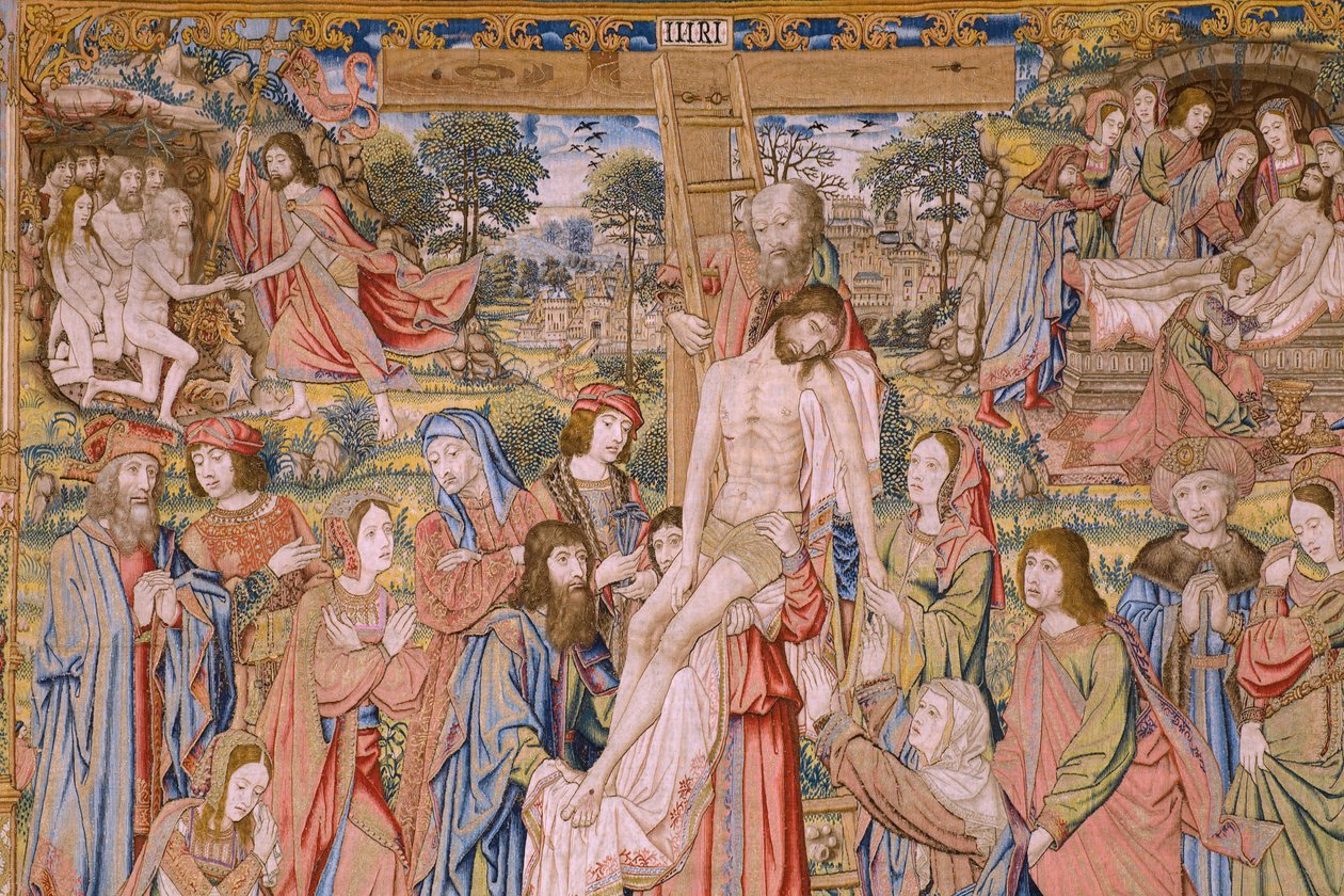 Vlámský gobelín. Řada Umučení Krista: Sestup z kříže (Kruisafneming, Descendimiento de la cruz). Výrobce Pieter van Aelst. Karikaturista Jan van Roome. Přibližně 1507-1520. Detail. od Jan van Roome