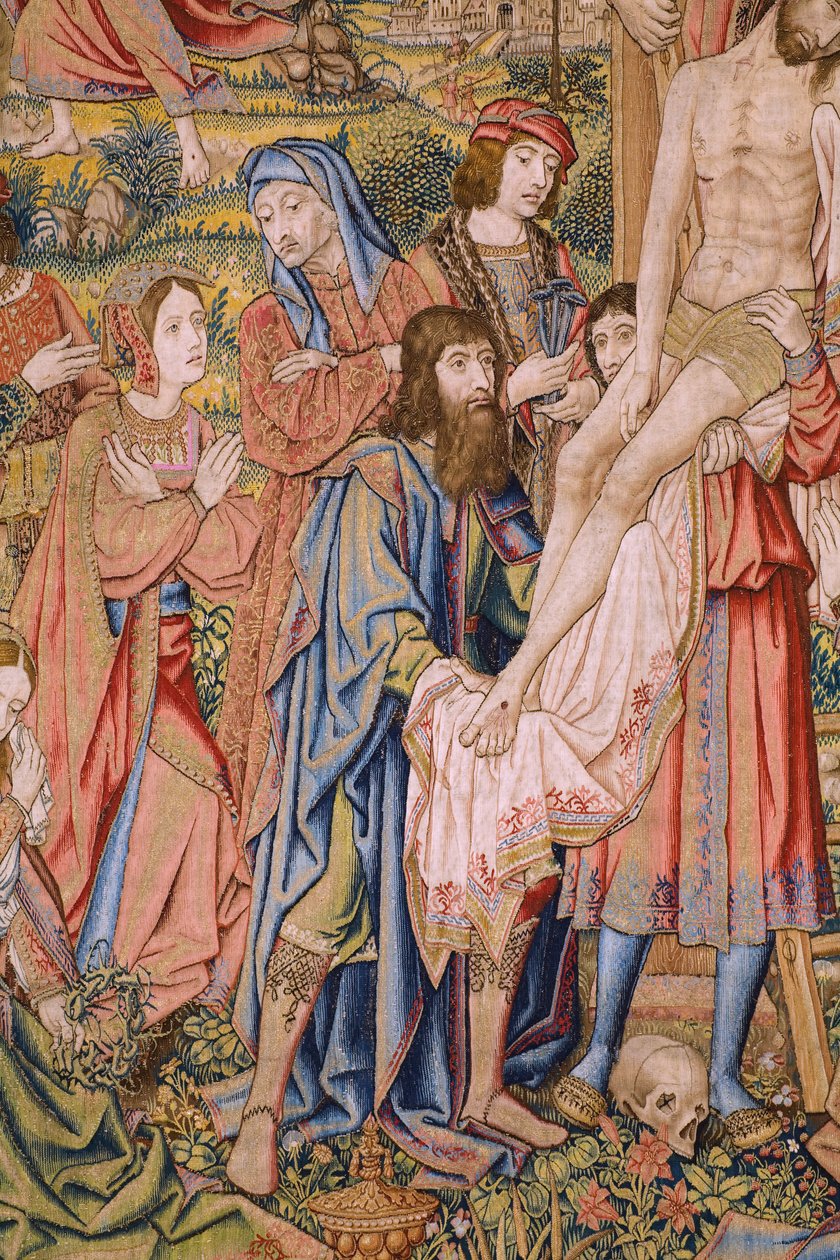 Vlámský gobelín. Řada Umučení Krista: Sestup z kříže (Kruisafneming, Descendimiento de la cruz). Výroba Pieter van Aelst. Karikaturista Jan van Roome. Přibližně 1507-1520. Detail. od Jan van Roome