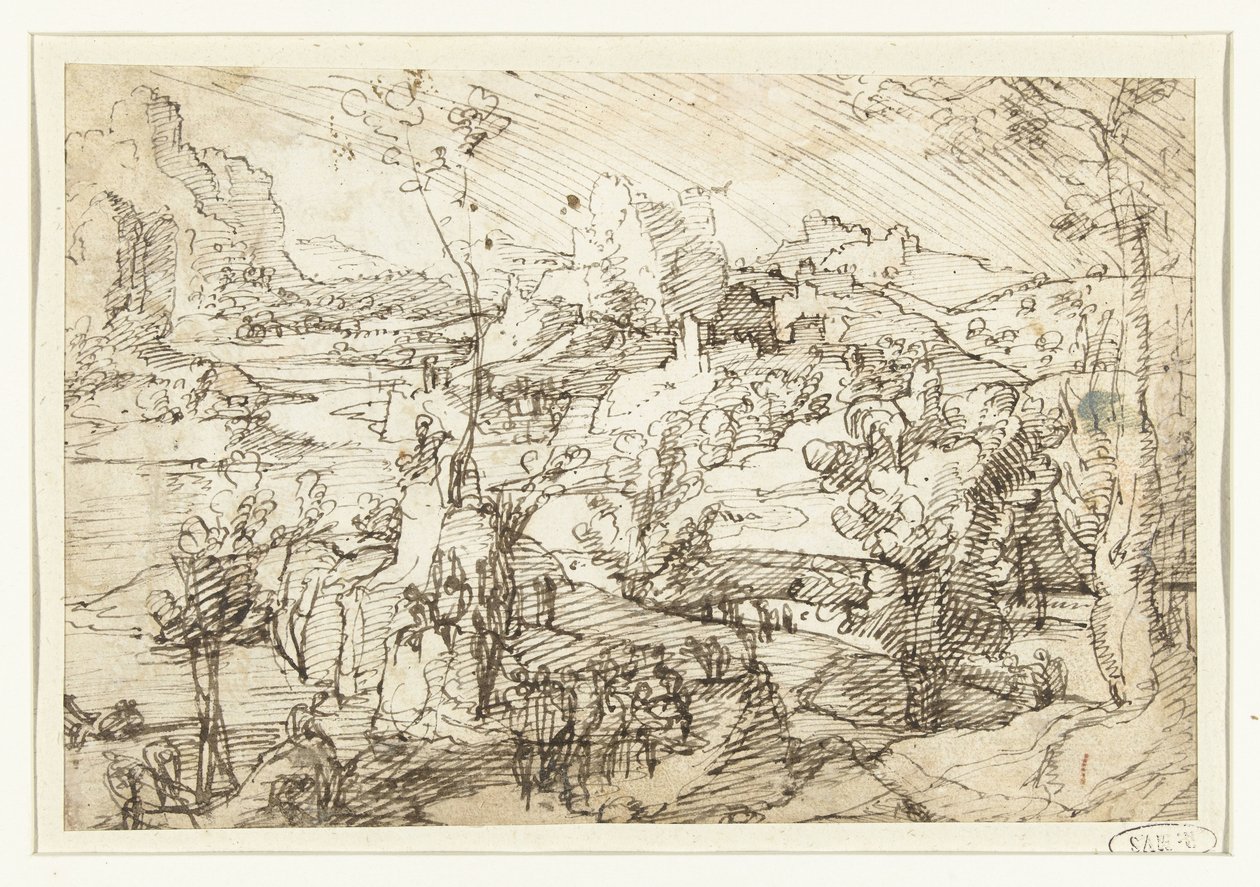 Krajina se skalami, postavami a plachetnicí od Jan van Scorel (attributed to)