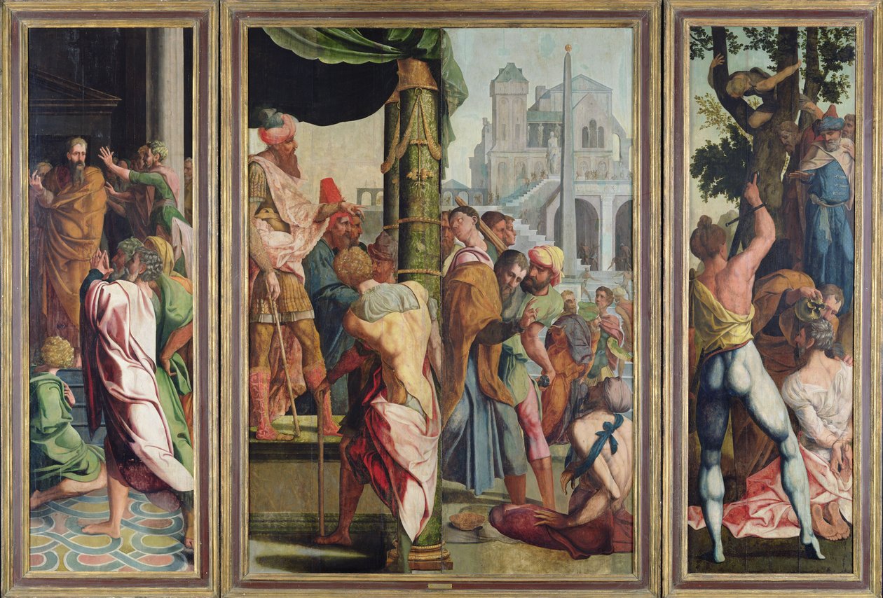 Kázání, zatčení a umučení svatého Jakuba Většího, z polyptychu svatého Štěpána a svatého Jakuba Většího, kolem roku 1541 od Jan van Scorel