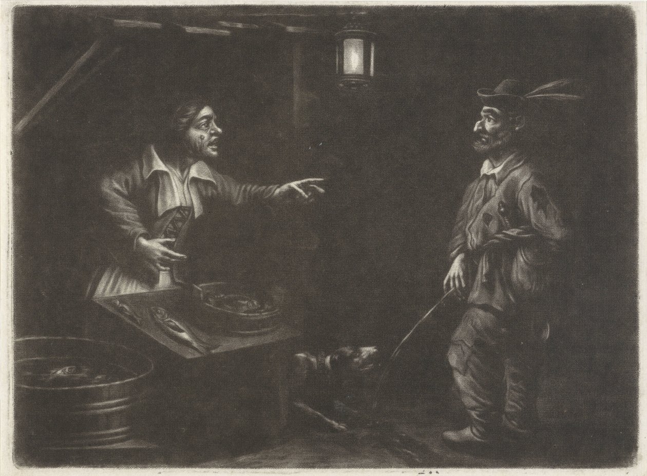 Noční pohled s obchodníkem s rybami a močícím mužem od Jan van Somer
