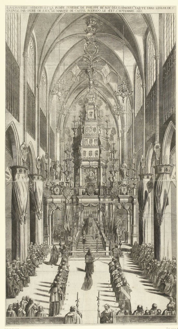 Lijkdienst voor Filips IV te Brussel, 1665 Hořící kaple a pohřební průvod Philippe IIIe roy des Espaignes v kostele Ste. Gudule v pořadí s. přebytek. markýz z Castel Rodrigo 4. a 5. listopadu 1665 (titul na předmětu) od Jan van Troyen